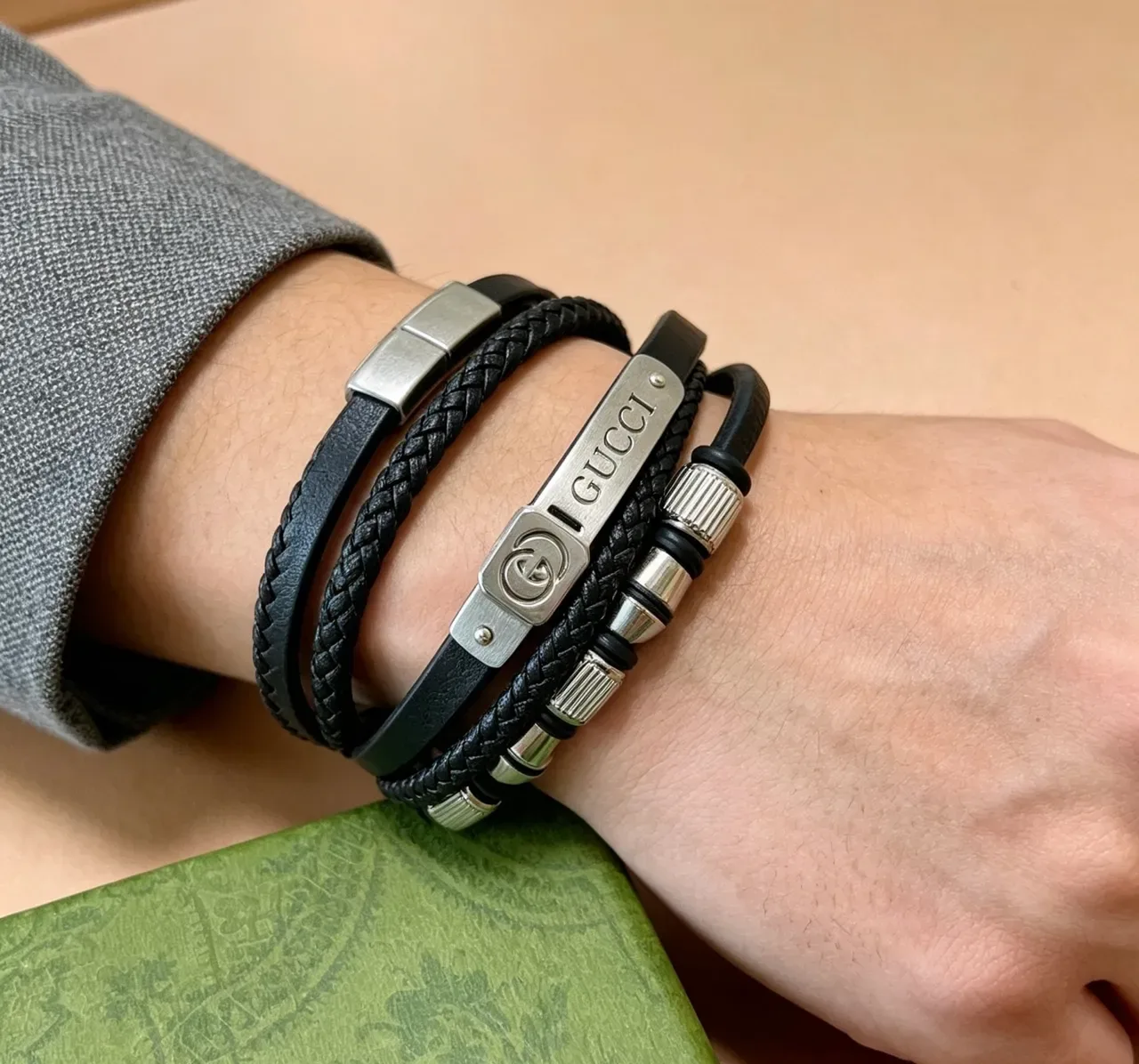 Gucci Black Silver Multi-Layered Braided Rope And Smooth Leather Bracelet 3
