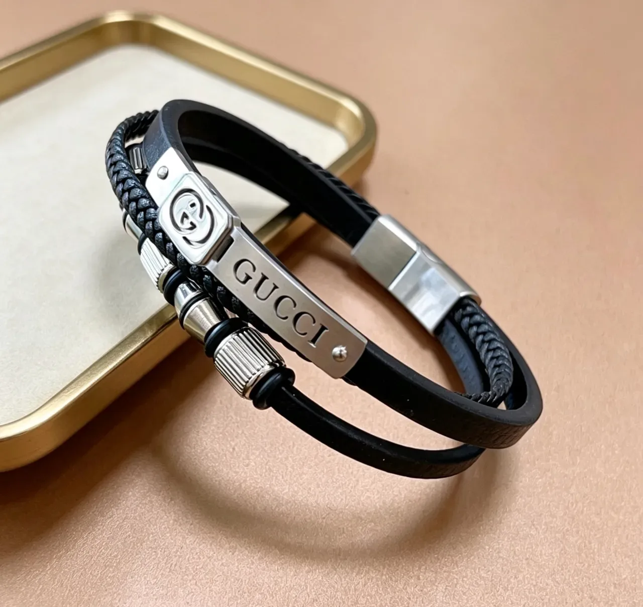 Gucci Black Silver Multi-Layered Braided Rope And Smooth Leather Bracelet 4