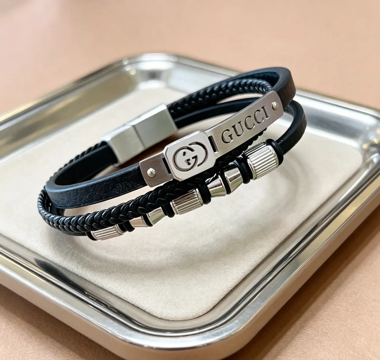 Gucci Black Silver Multi-Layered Braided Rope And Smooth Leather Bracelet 6