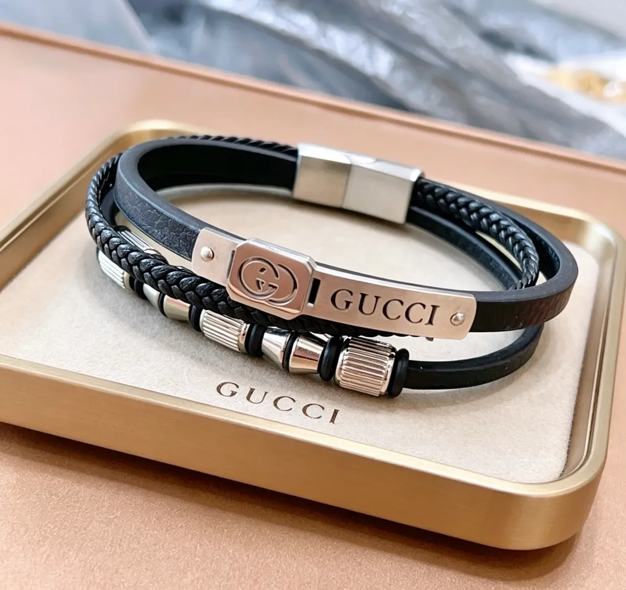 Gucci Black Silver Multi-Layered Braided Rope And Smooth Leather Bracelet 9
