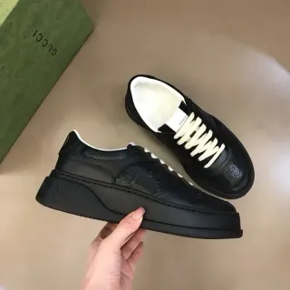 Gucci Black White Platform Sole Perforated Leather Panels Lifestyle Sneakers