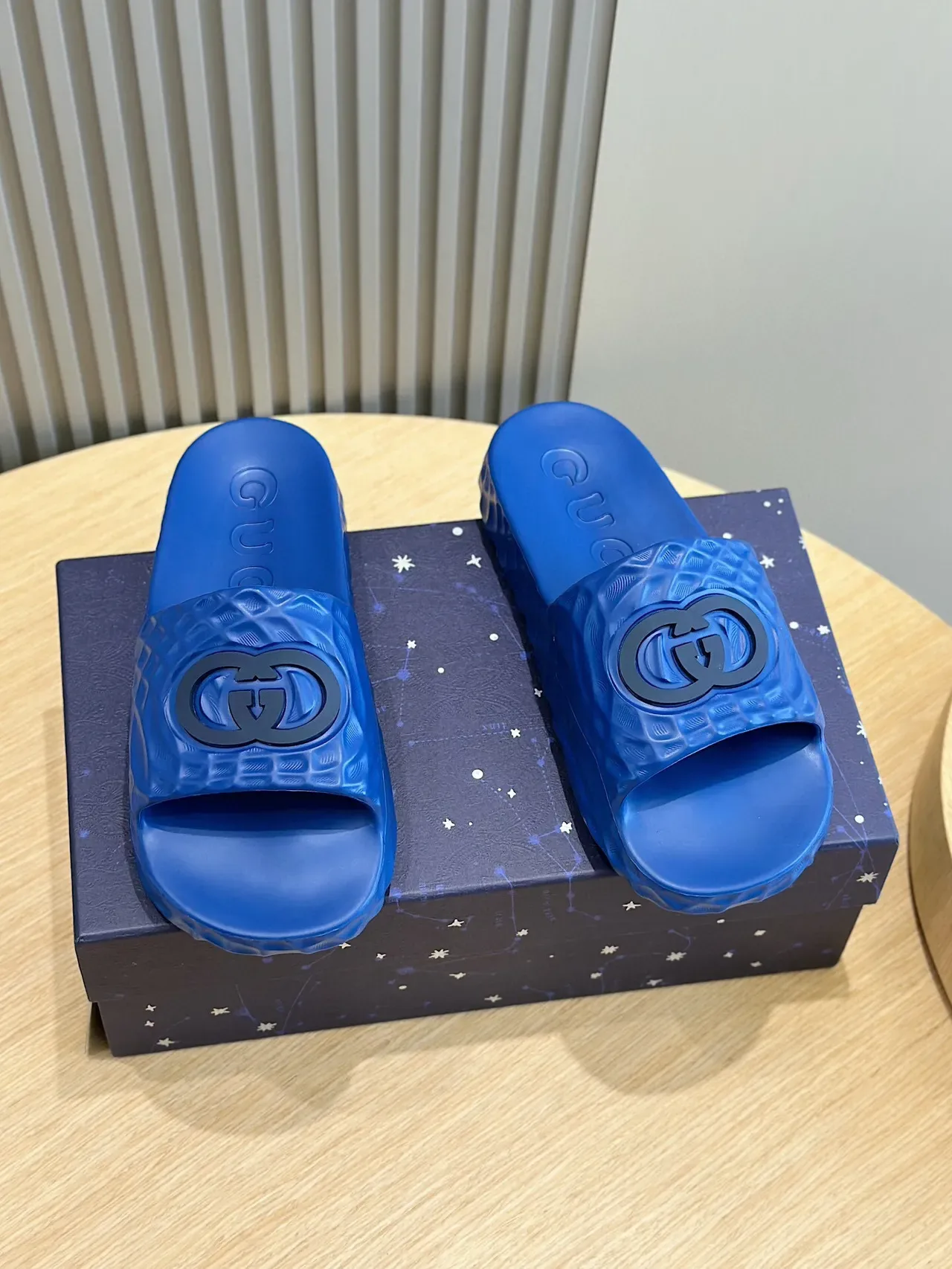Gucci Blue Black Molded Rubber Quilted Texture Slippers 2