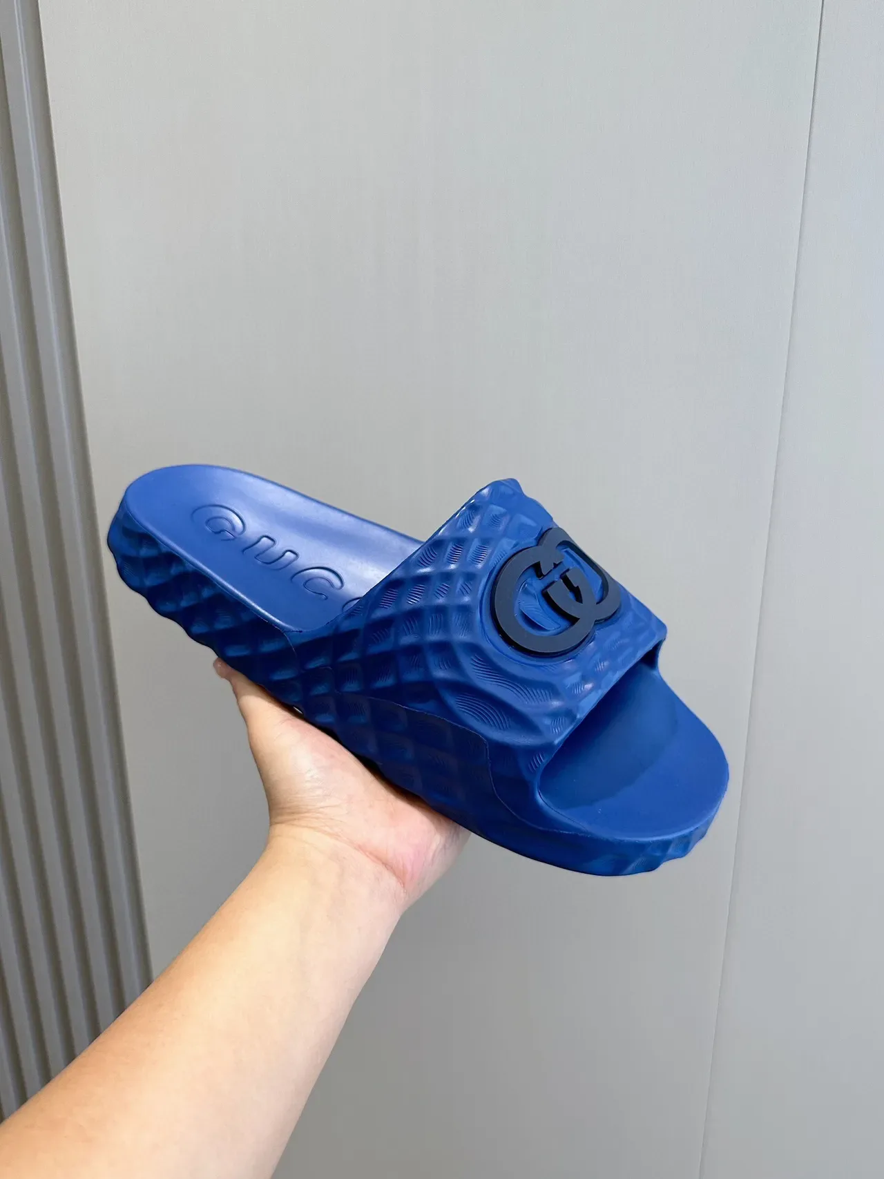Gucci Blue Black Molded Rubber Quilted Texture Slippers 5