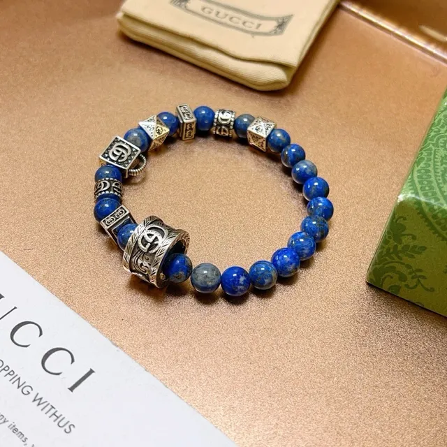 Gucci Blue Silver Beaded Elastic Stretch Bracelet 3
