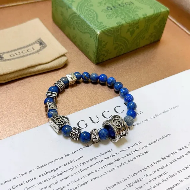 Gucci Blue Silver Beaded Elastic Stretch Bracelet 4
