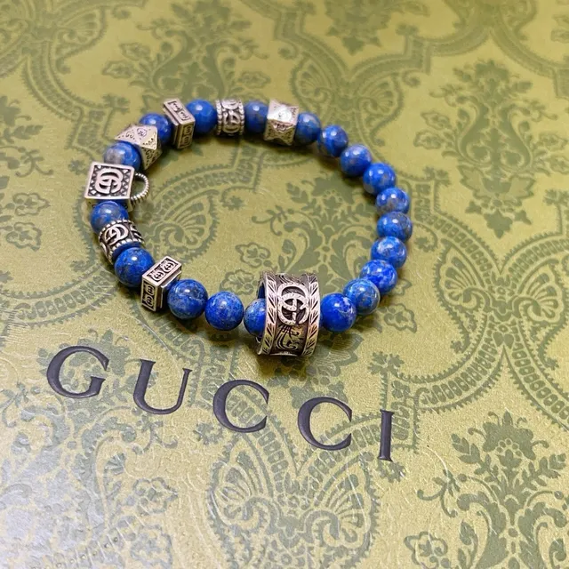 Gucci Blue Silver Beaded Elastic Stretch Bracelet 6