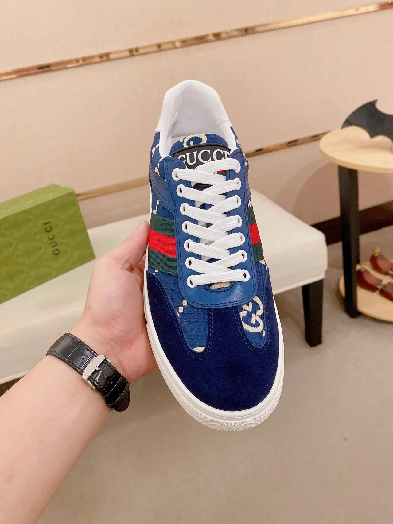 Gucci Blue White GG Monogram Print Web Stripe Accent Lifestyle Sneakers 2