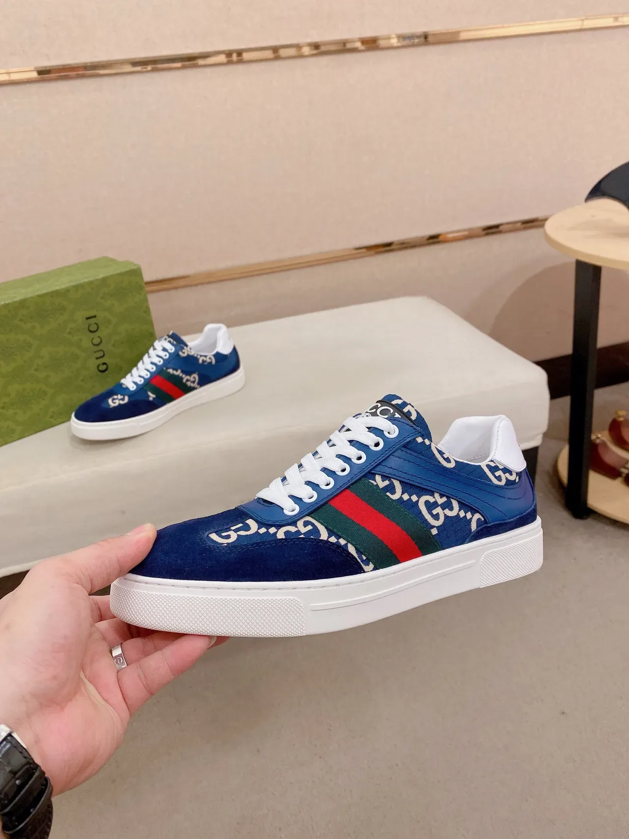 Gucci Blue White GG Monogram Print Web Stripe Accent Lifestyle Sneakers 3