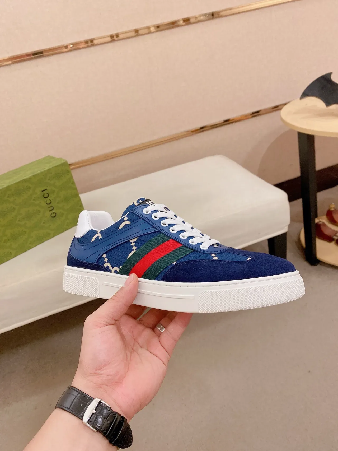 Gucci Blue White GG Monogram Print Web Stripe Accent Lifestyle Sneakers 4