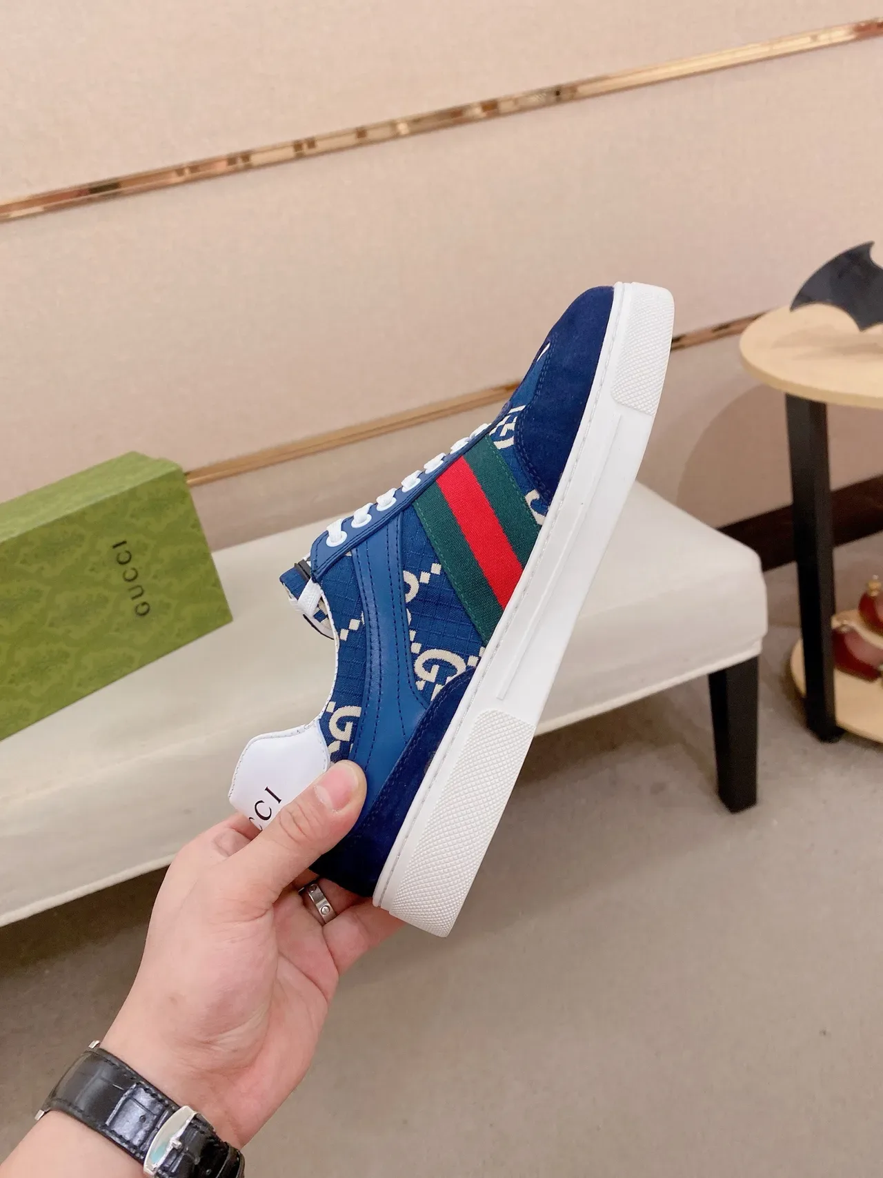 Gucci Blue White GG Monogram Print Web Stripe Accent Lifestyle Sneakers 5