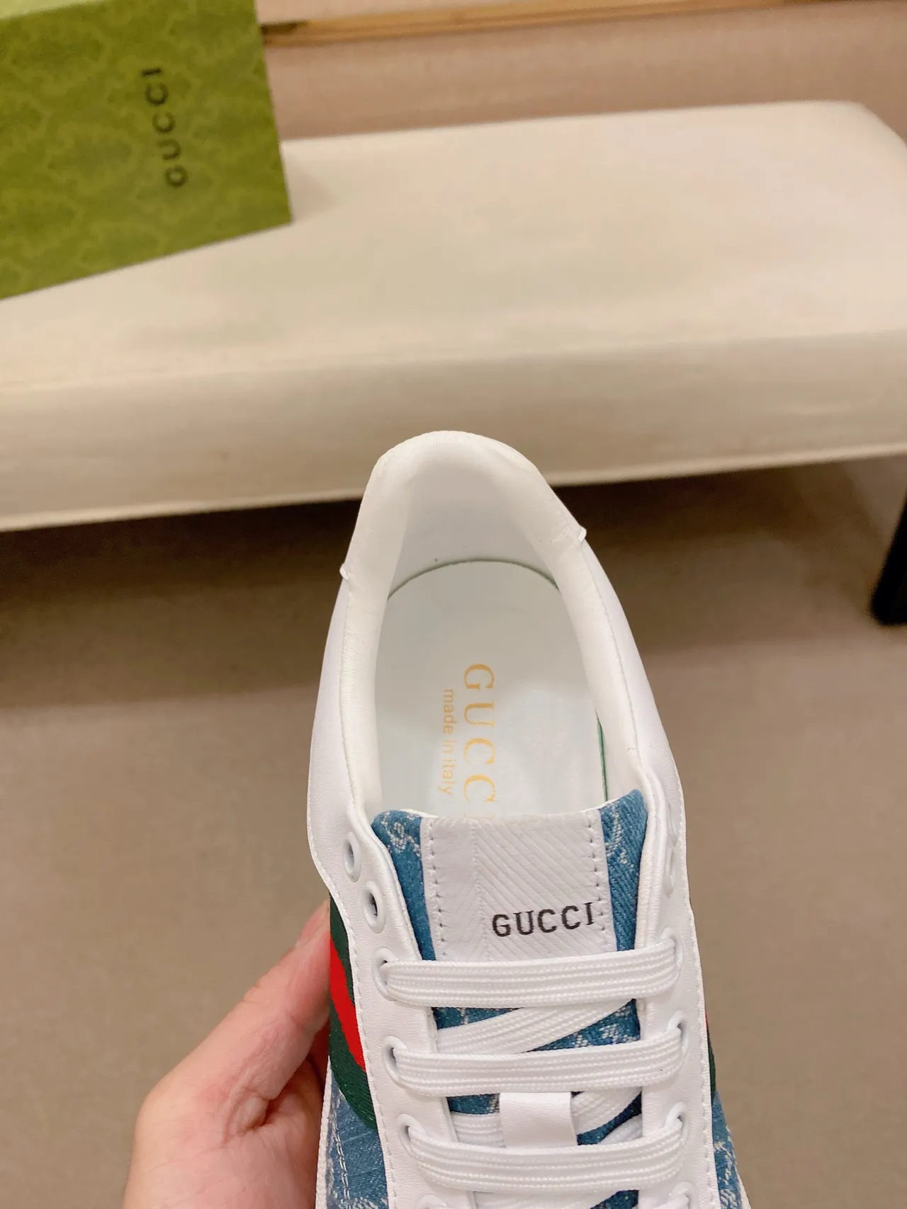Gucci Blue White Monogrammed Denim Upper Web Stripe Detail Lifestyle Sneakers 3