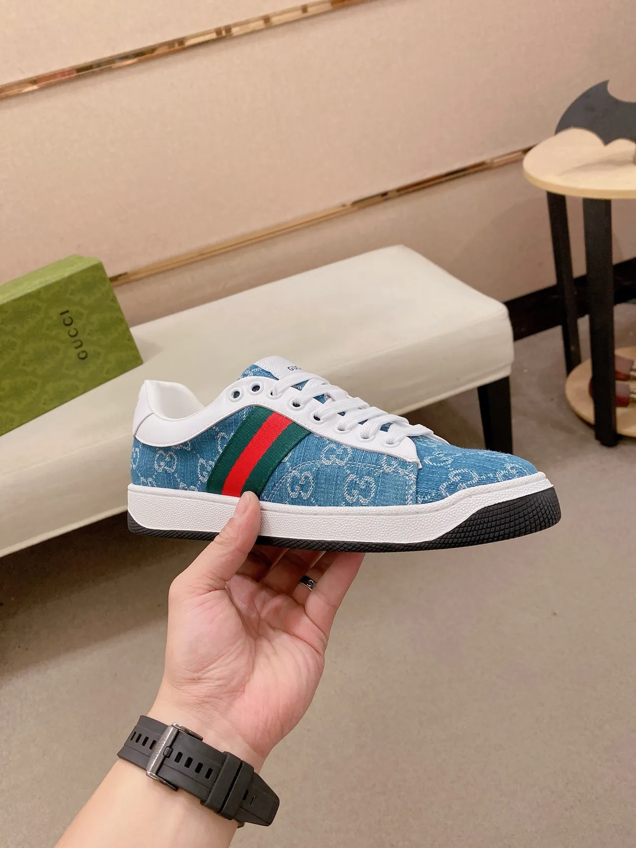 Gucci Blue White Monogrammed Denim Upper Web Stripe Detail Lifestyle Sneakers 4
