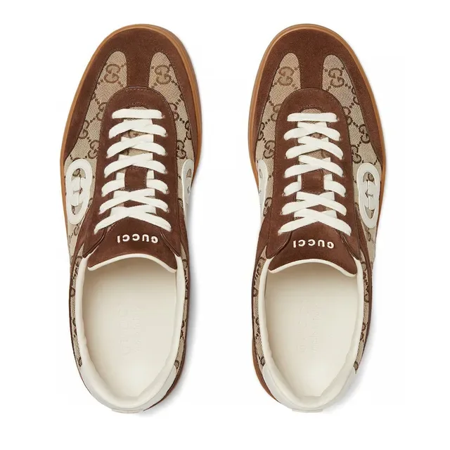 Gucci Chaussures Lifestyle Marron Beige Low-Top en Daim et Toile Monogram 4