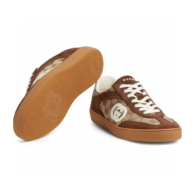Gucci Chaussures Lifestyle Marron Beige Low-Top en Daim et Toile Monogram 5
