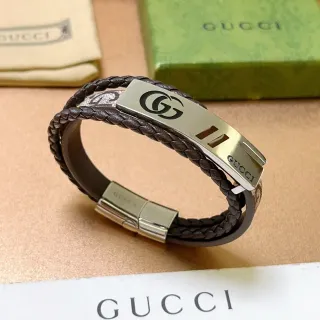 Gucci Brown Silver Braided Leather Interlocking G Logo Bracelet