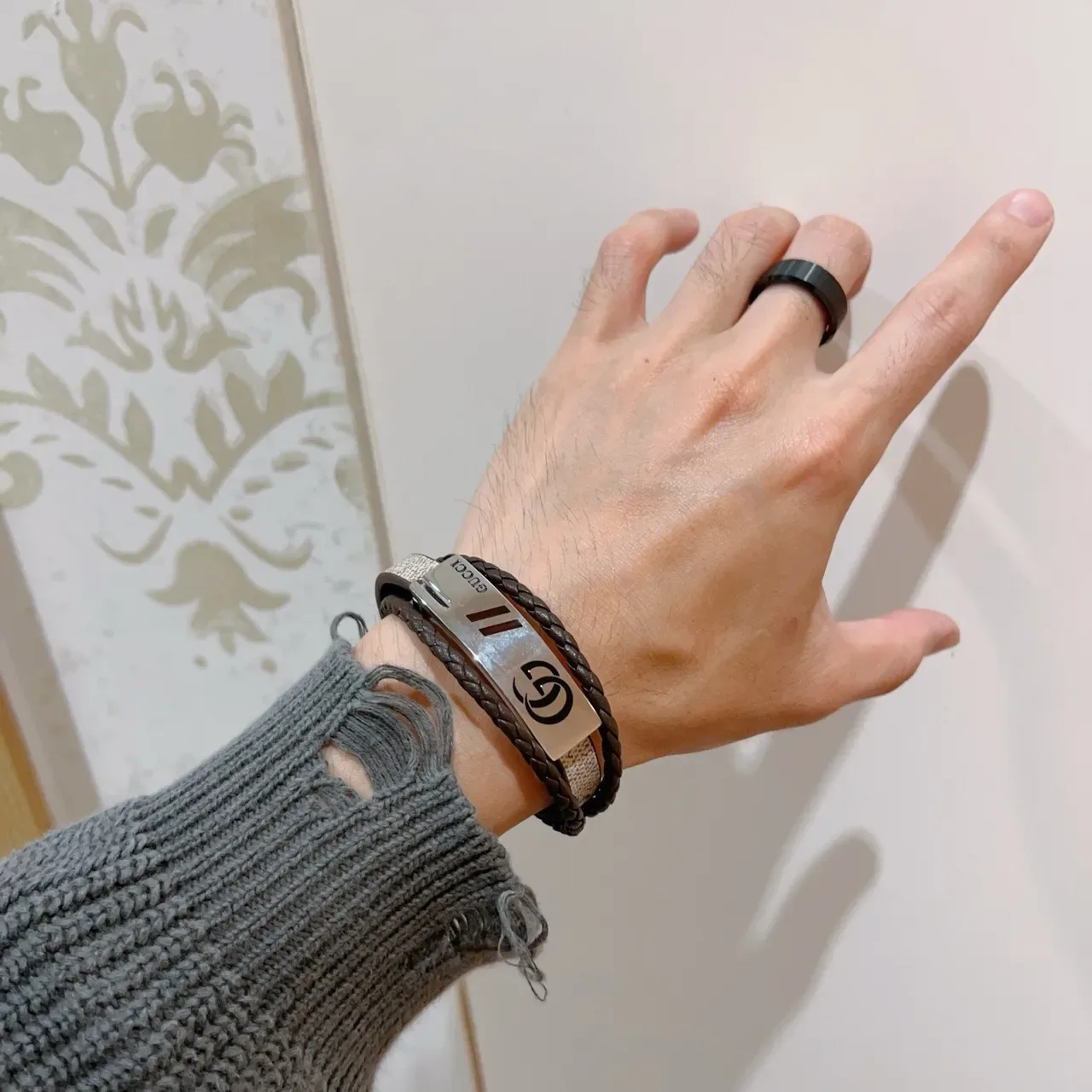 Gucci Brown Silver Braided Leather Interlocking G Logo Bracelet 2
