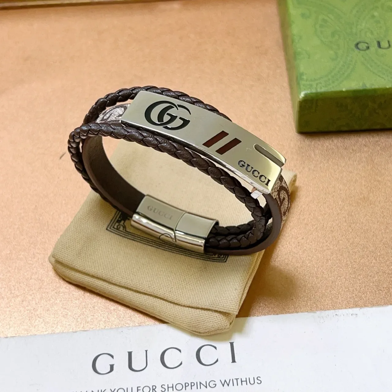 Gucci Brown Silver Braided Leather Interlocking G Logo Bracelet 3