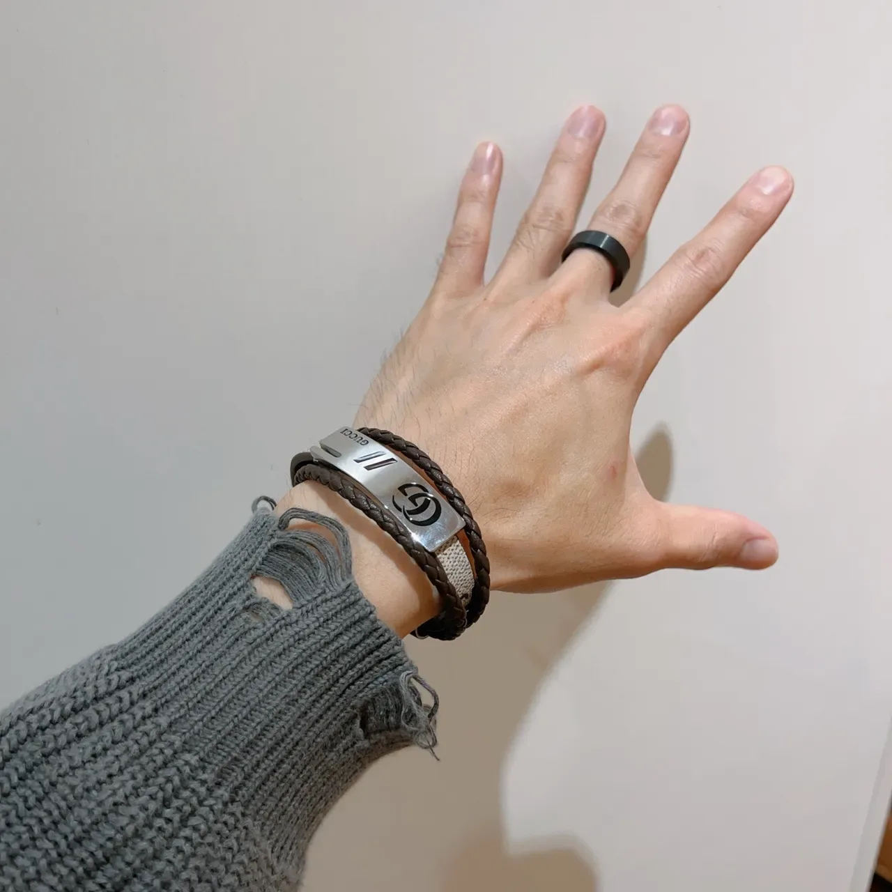 Gucci Brown Silver Braided Leather Interlocking G Logo Bracelet 5