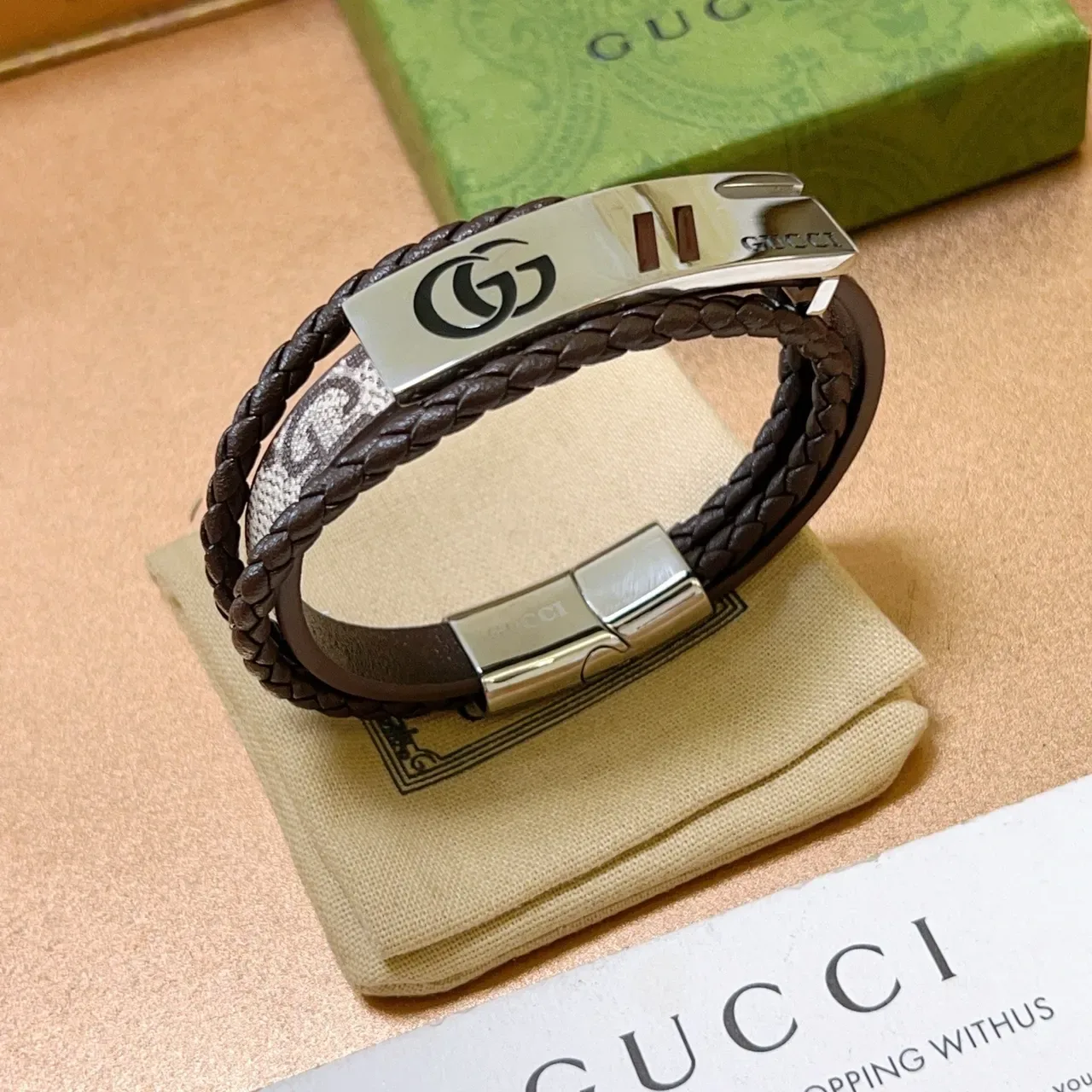 Gucci Brown Silver Braided Leather Interlocking G Logo Bracelet 7