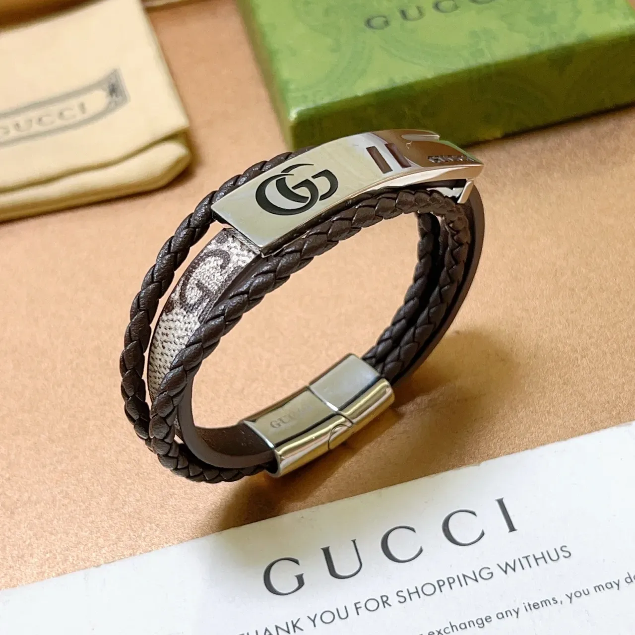 Gucci Brown Silver Braided Leather Interlocking G Logo Bracelet 9