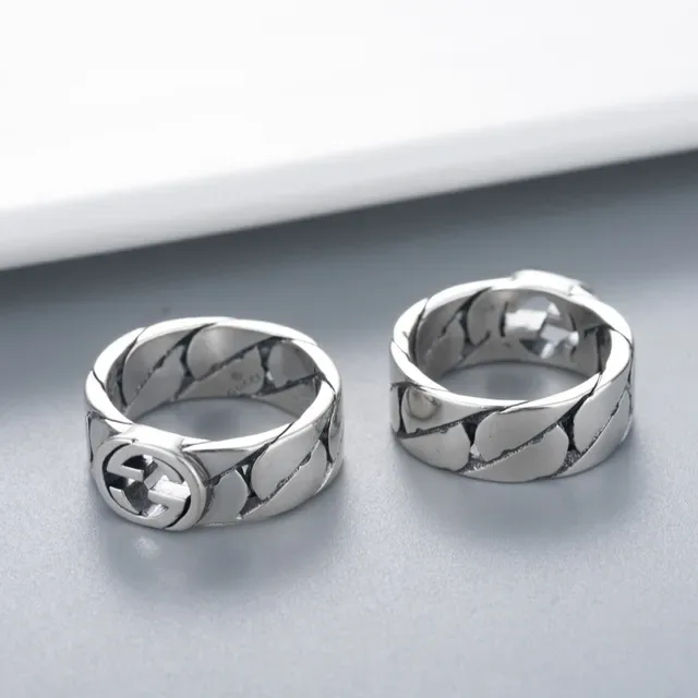Gucci Chain-Link Interlocking G Silver Black Band Logo Ring 2