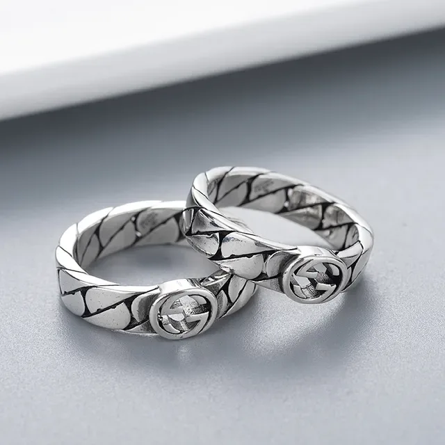 Gucci Chain-Link Interlocking G Silver Black Band Logo Ring 4