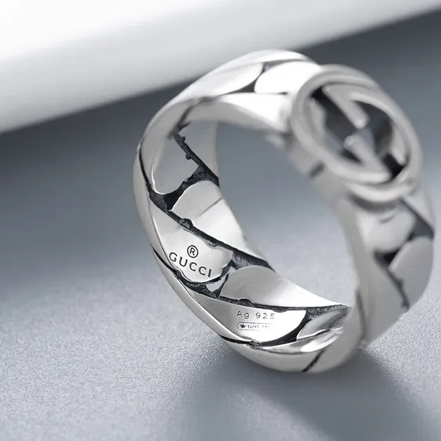 Gucci Chain-Link Interlocking G Silver Black Band Logo Ring 5