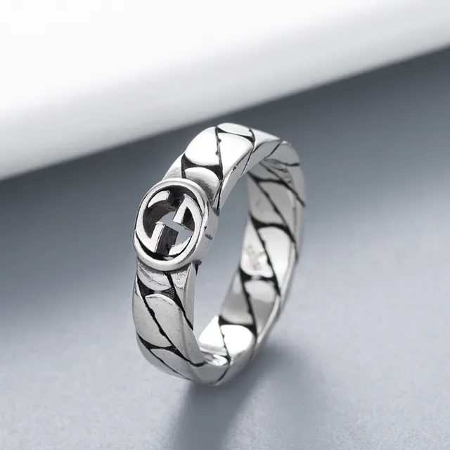 Gucci Chain-Link Interlocking G Silver Black Band Logo Ring 6