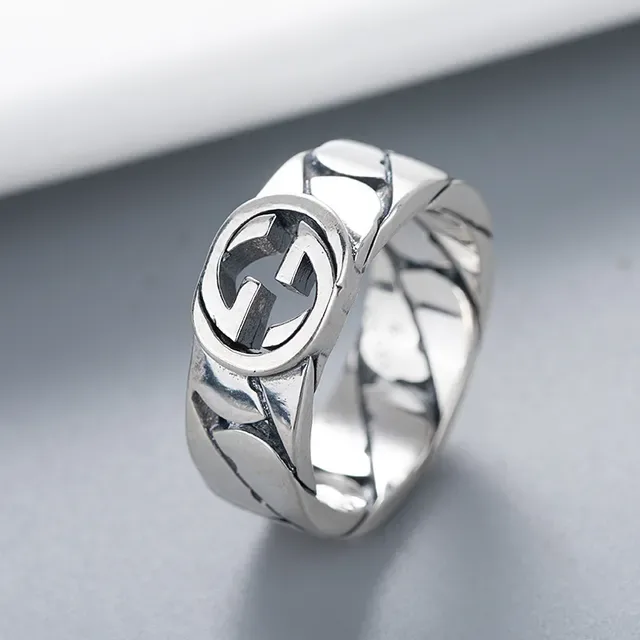 Gucci Chain-Link Interlocking G Silver Black Band Logo Ring 7