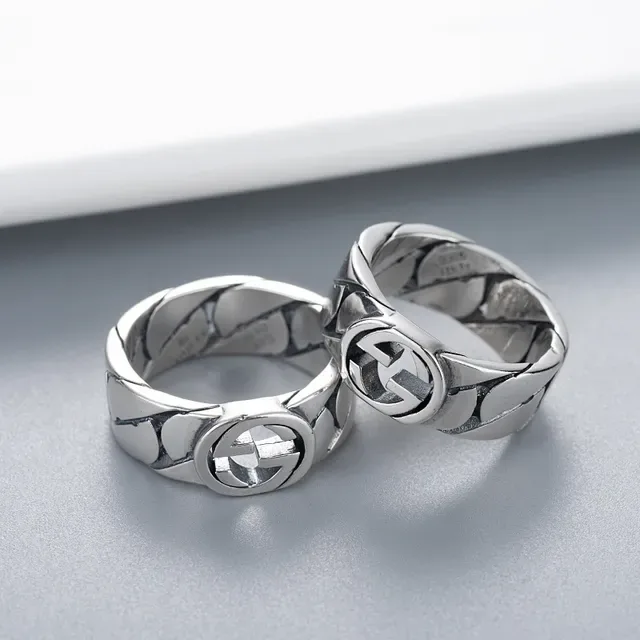 Gucci Chain-Link Interlocking G Silver Black Band Logo Ring 8