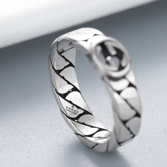 Gucci Chain-Link Interlocking G Silver Black Band Logo Ring 9