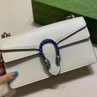 Gucci Dionysus White Pebbled Leather Blue Enamel Horsebit Chain Bag