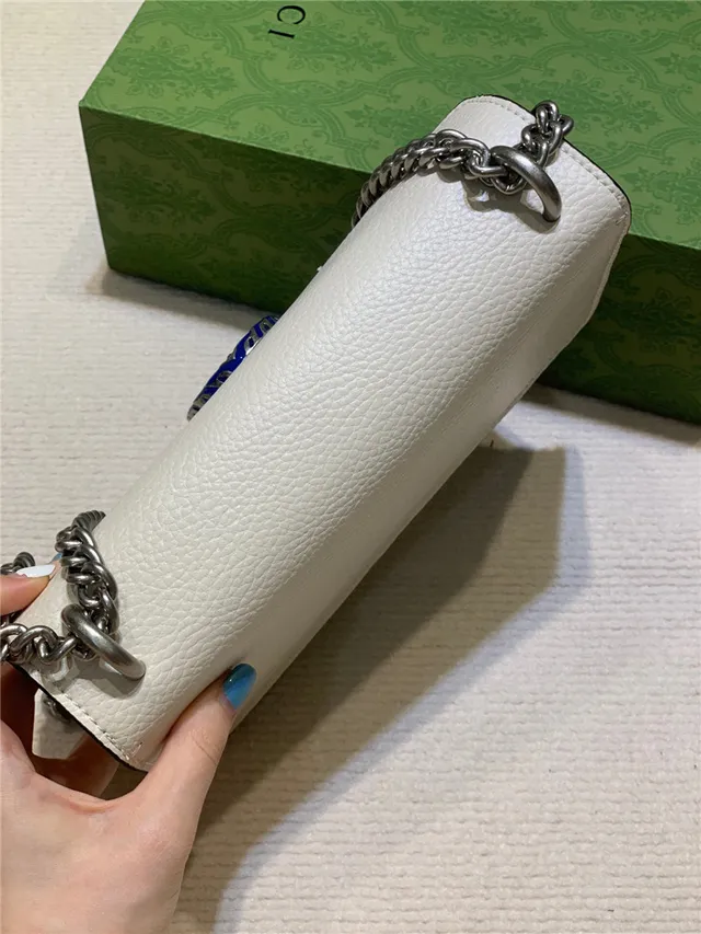 Gucci Dionysus White Pebbled Leather Blue Enamel Horsebit Chain Bag 24