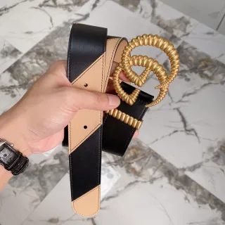 Gucci Double G কালো এবং বেইজ চামড়ার বেল্ট