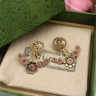 Gucci Flora Gold Pink Metal Crystal-Set Flowers Earrings
