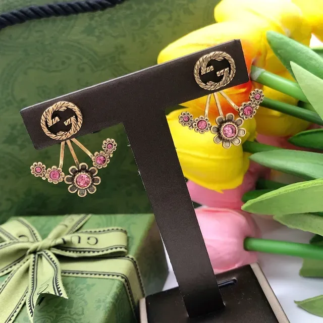 Gucci Flora Gold Pink Metal Crystal-Set Flowers Earrings 2
