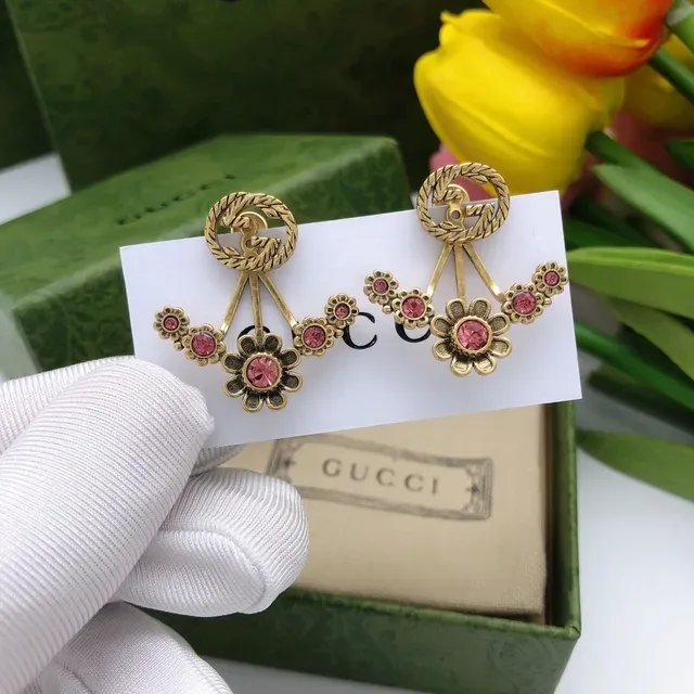 Gucci Flora Gold Pink Metal Crystal-Set Flowers Earrings 3