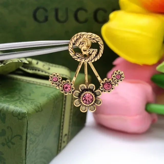 Gucci Flora Gold Pink Metal Crystal-Set Flowers Earrings 4