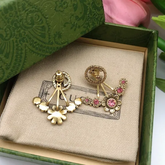 Gucci Flora Gold Pink Metal Crystal-Set Flowers Earrings 5