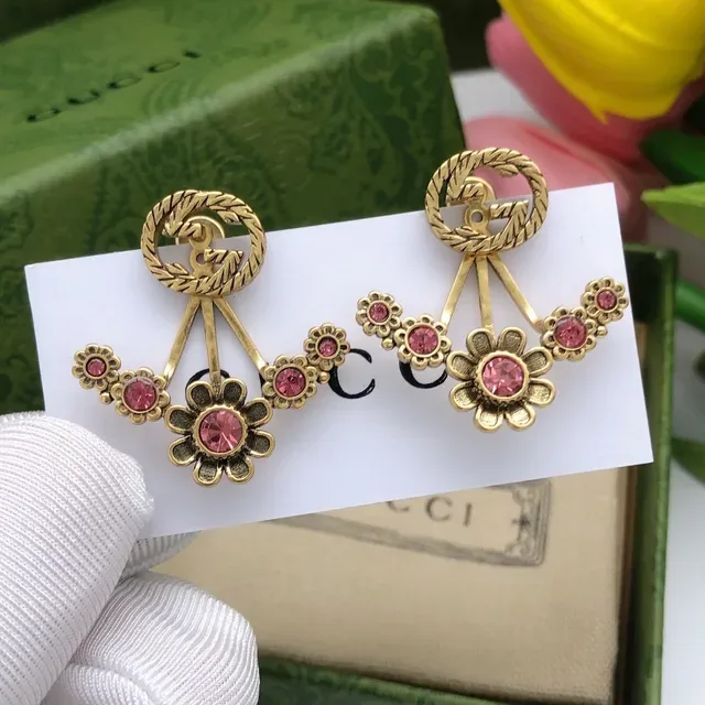 Gucci Flora Gold Pink Metal Crystal-Set Flowers Earrings 6