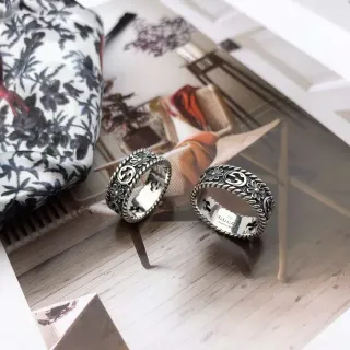 Gucci Floral Interlocking G Ring Silver Black Oxidized Motif Ring