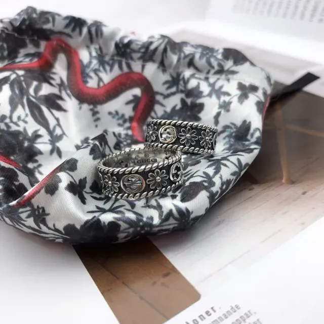 Gucci Floral Interlocking G Ring Silver Black Oxidized Motif Ring 3