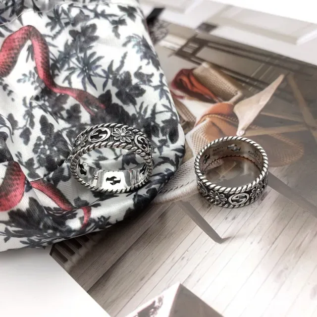 Gucci Floral Interlocking G Ring Silver Black Oxidized Motif Ring 4