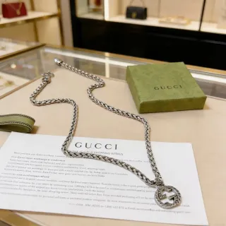 Gucci GG Chain Silver Green Braided Curb Interlocking G Pendant Necklace