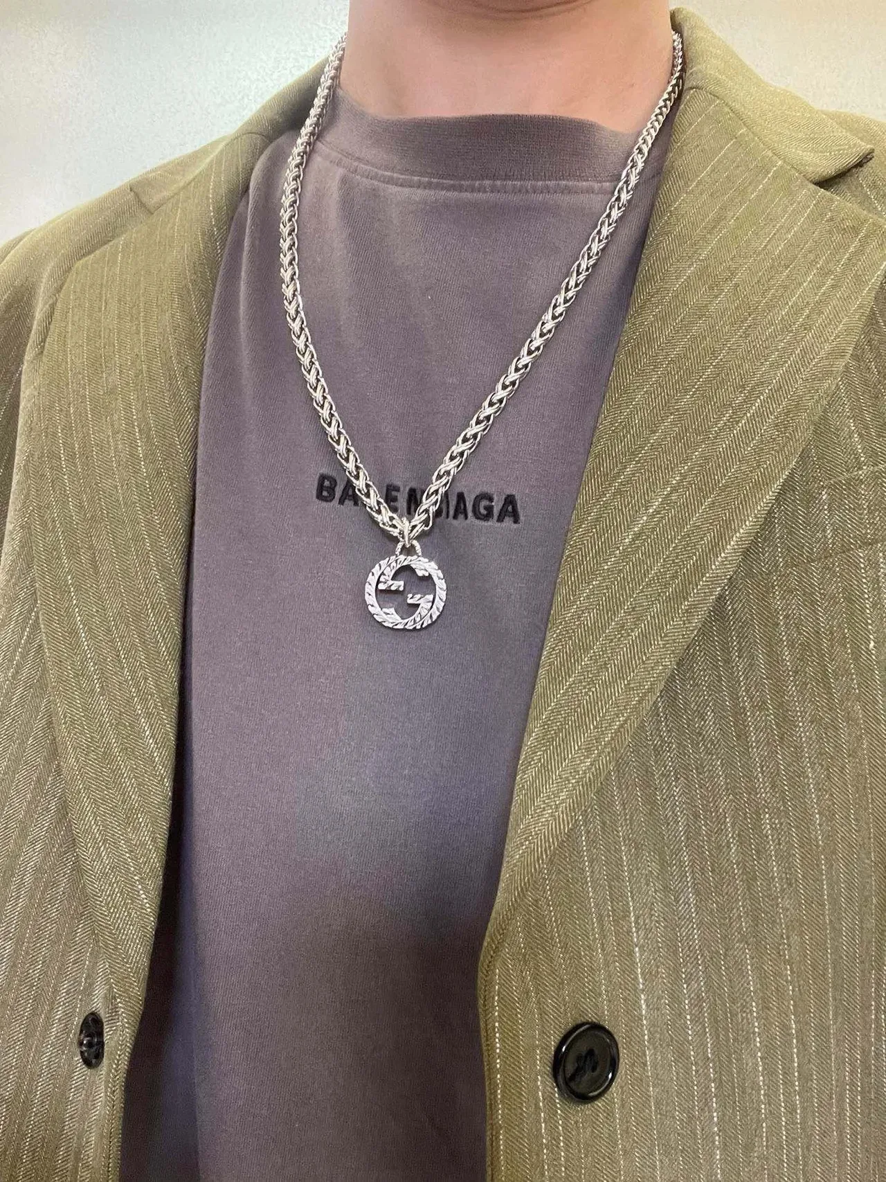 Gucci GG Chain Silver Green Braided Curb Interlocking G Pendant Necklace 2