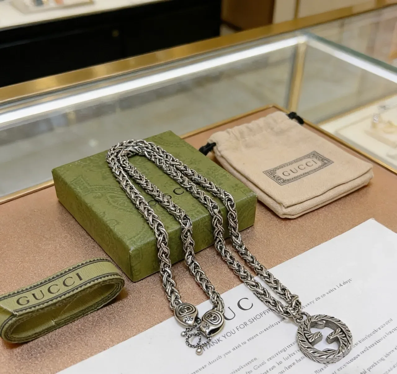 Gucci GG Chain Silver Green Braided Curb Interlocking G Pendant Necklace 3