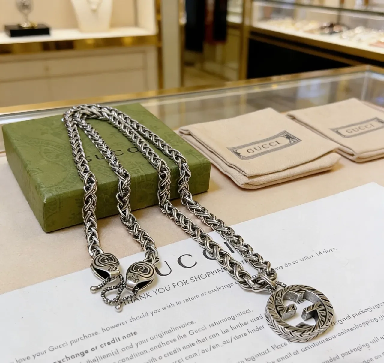Gucci GG Chain Silver Green Braided Curb Interlocking G Pendant Necklace 4