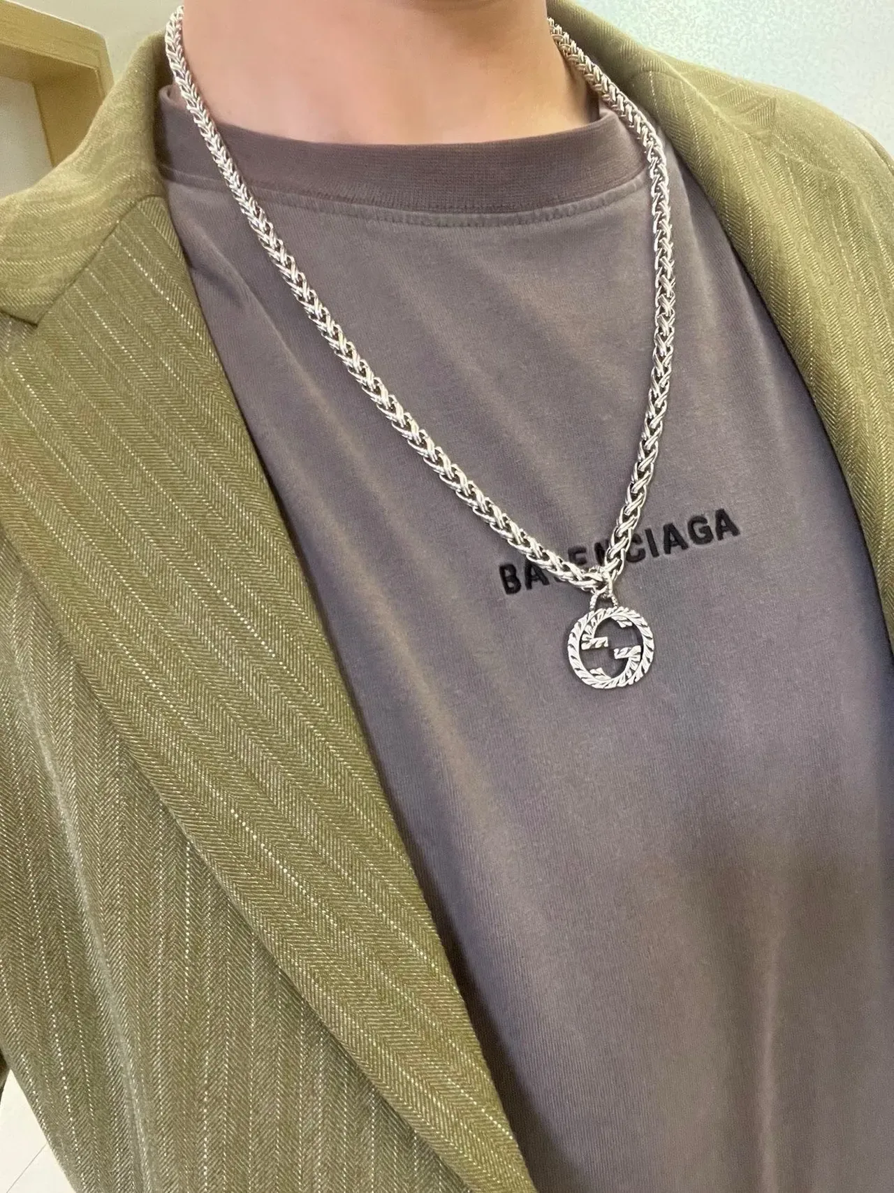 Gucci GG Chain Silver Green Braided Curb Interlocking G Pendant Necklace 5