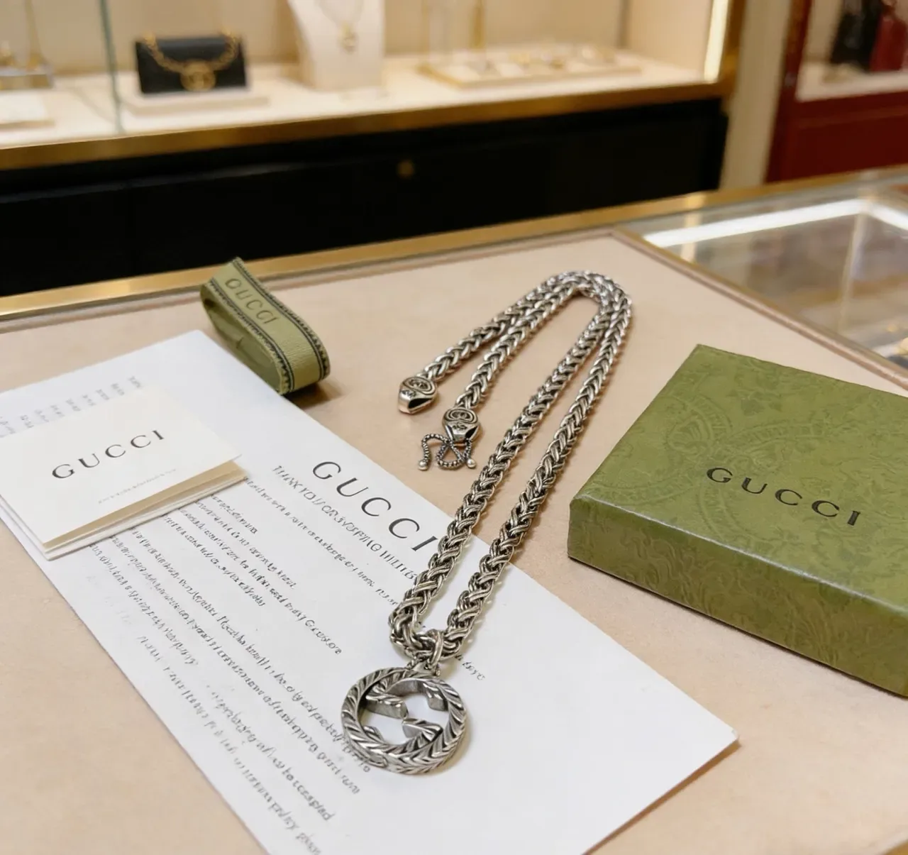 Gucci GG Chain Silver Green Braided Curb Interlocking G Pendant Necklace 6