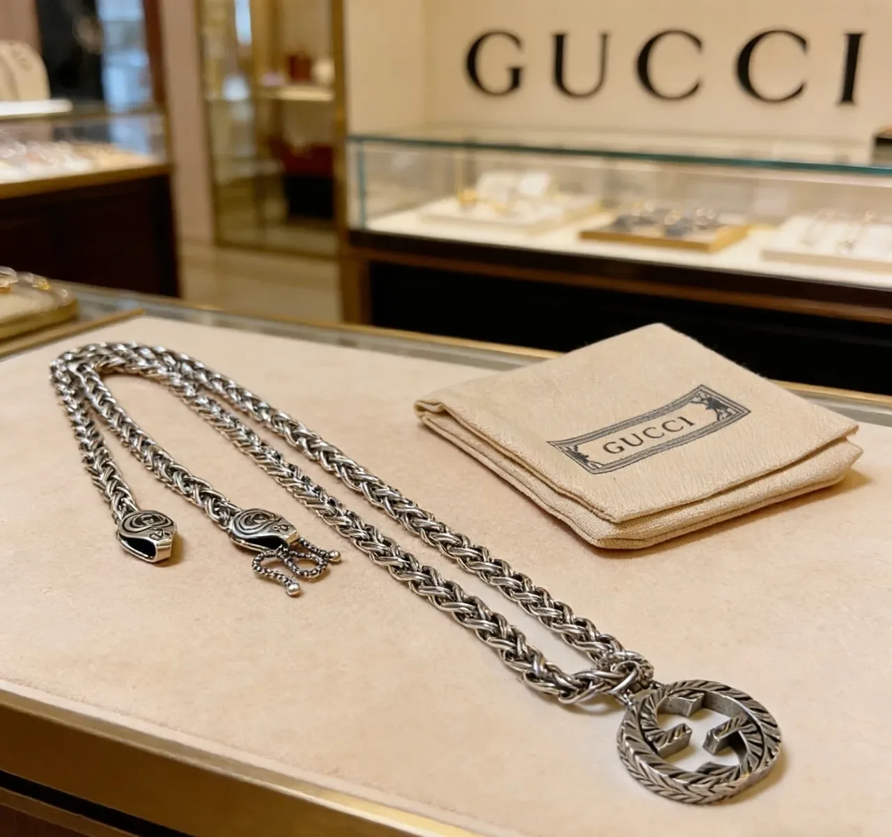Gucci GG Chain Silver Green Braided Curb Interlocking G Pendant Necklace 7